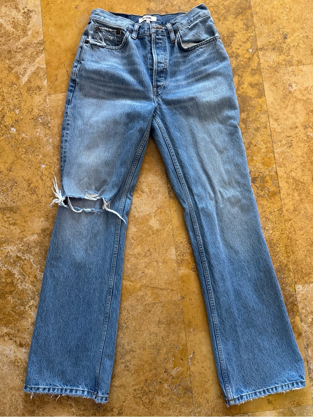 Re/Done Light Blue Frayed Denim Jeans with Contrast Topstitching